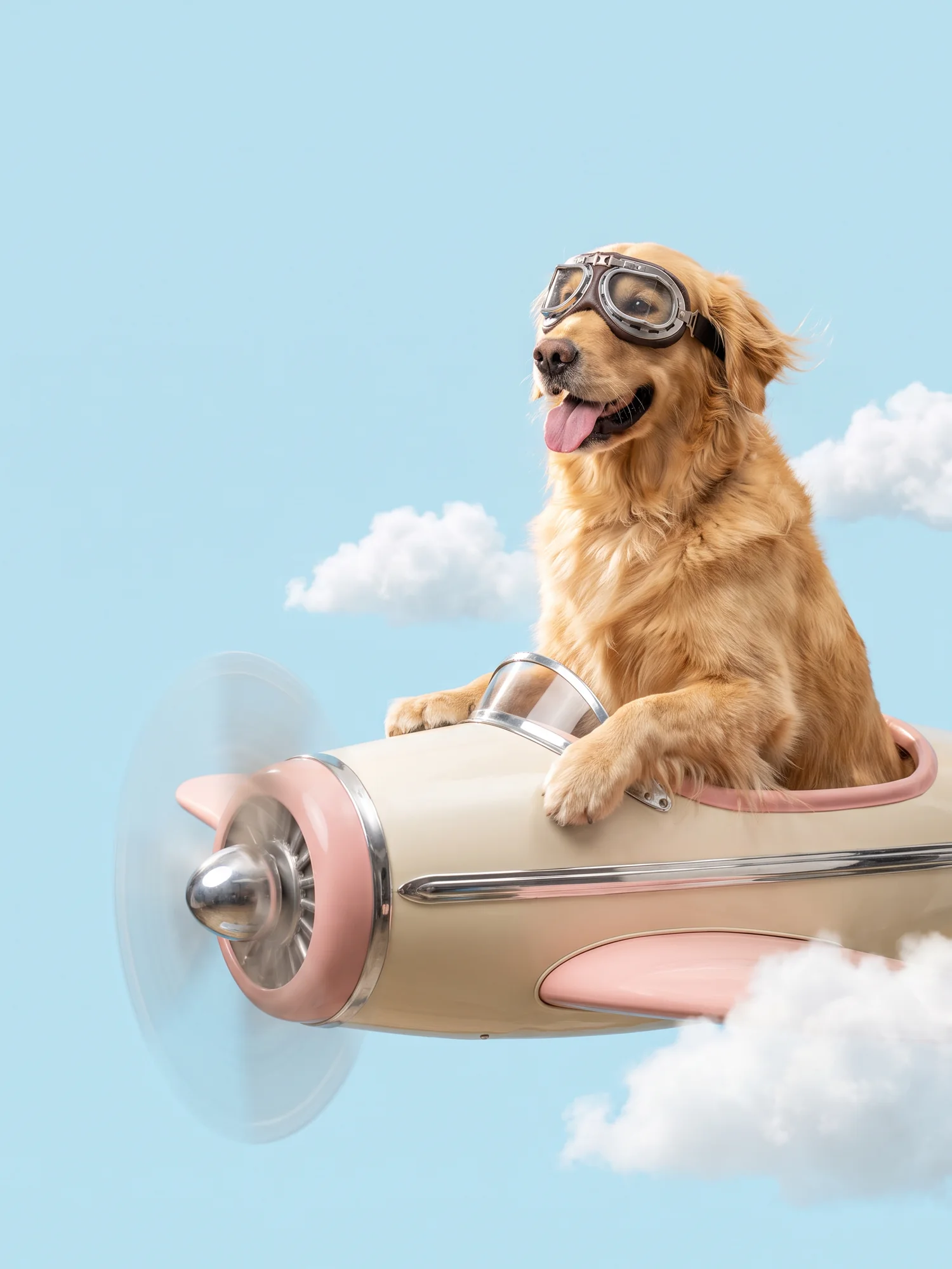 Golden retriever w goglach lotniczych lecący małym samolotem wśród chmur