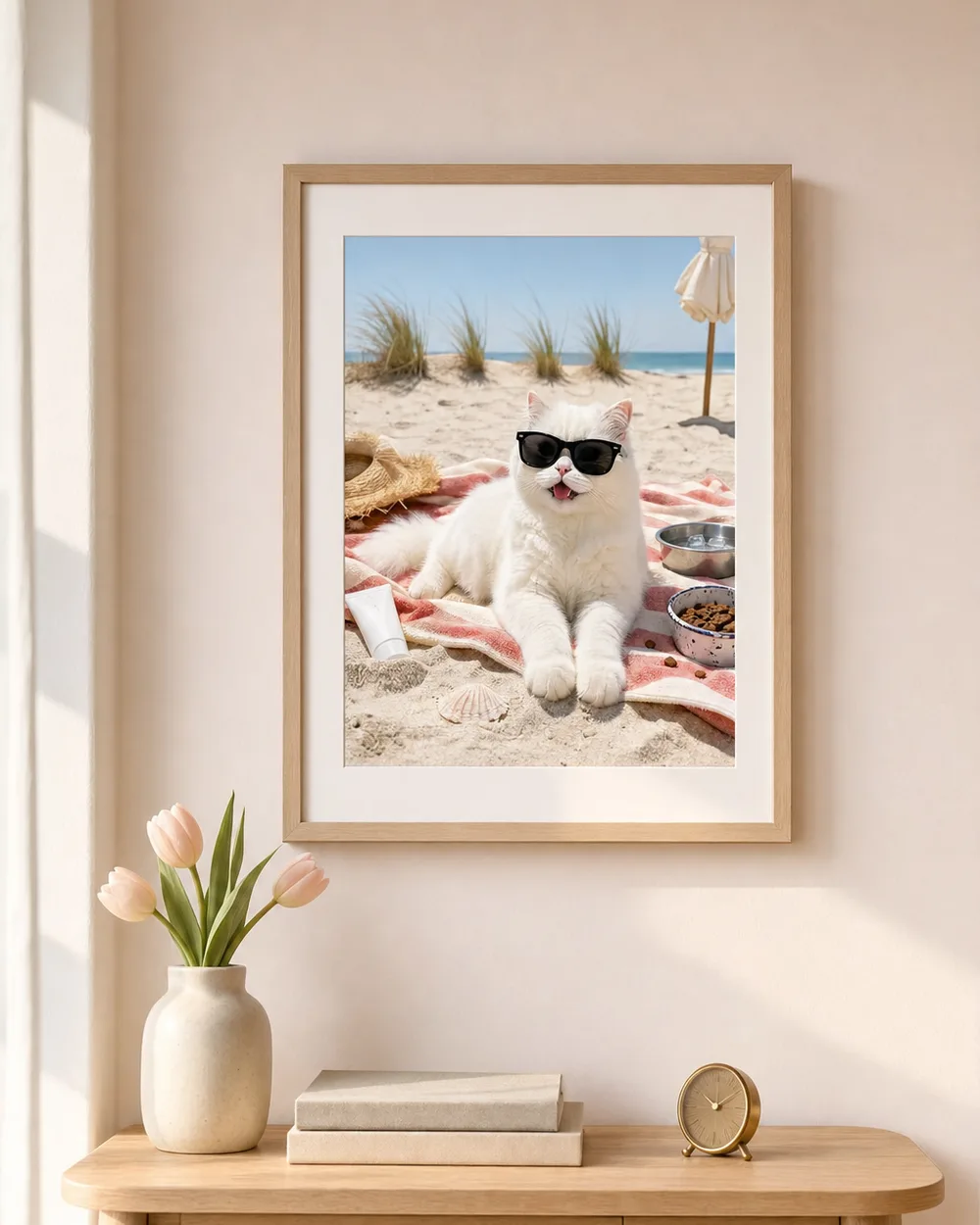 Portret kota plażującego w okularach przeciwsłonecznych w drewnianej ramie na ścianie, pod nią stolik z tulipanami
