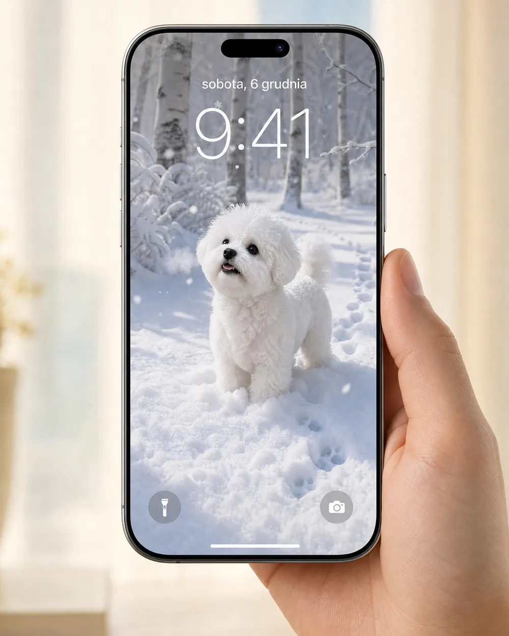 Telefon w dłoni z portretem białego psa w zaśnieżonym lesie jako tapetą ekranu blokady