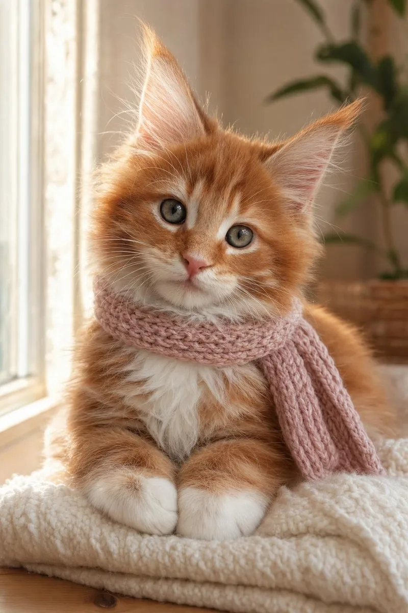 Portret rudego kociaka maine coon w różowym szaliku — jeden plik źródłowy, z którego powstają formaty do druku