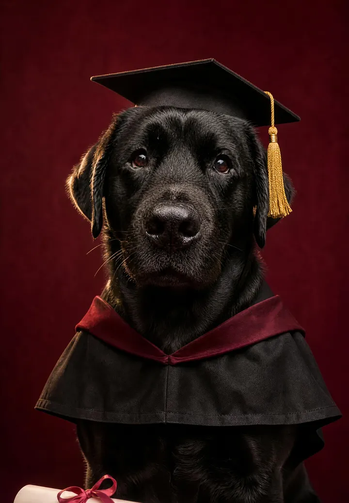 Labrador biszkoptowy w todze i birecie z dyplomem przewiązanym różową wstążką