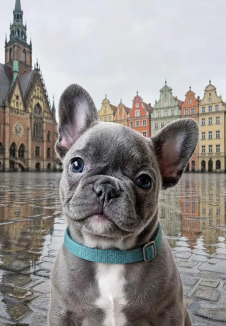 Szczeniak buldoga francuskiego w zielonej obroży na tle kolorowych kamienic wrocławskiego Rynku