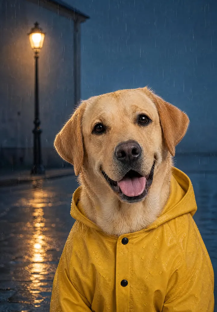 Szczeniak golden retrievera w żółtej przeciwdeszczowej kurtce na mokrym chodniku o zmierzchu