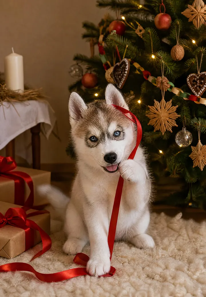 Ten sam husky podczas świątecznego poranka przy choince